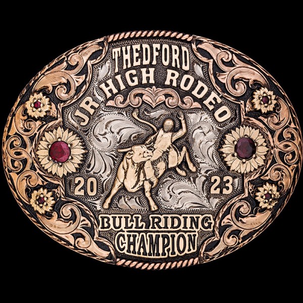 Our Homestead Custom Belt Buckle is made to show off!  Featuring with complex copper scrollworks and bronze sunflowers. Personalize this unique belt buckle design now!